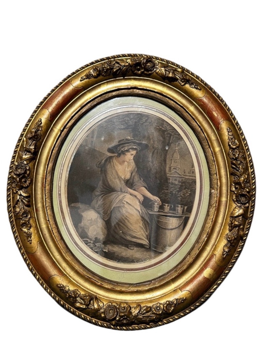 ANTIQUE H2F Ornate Gold Oval Framed STYPLE Engraving by James Northcote 15x17